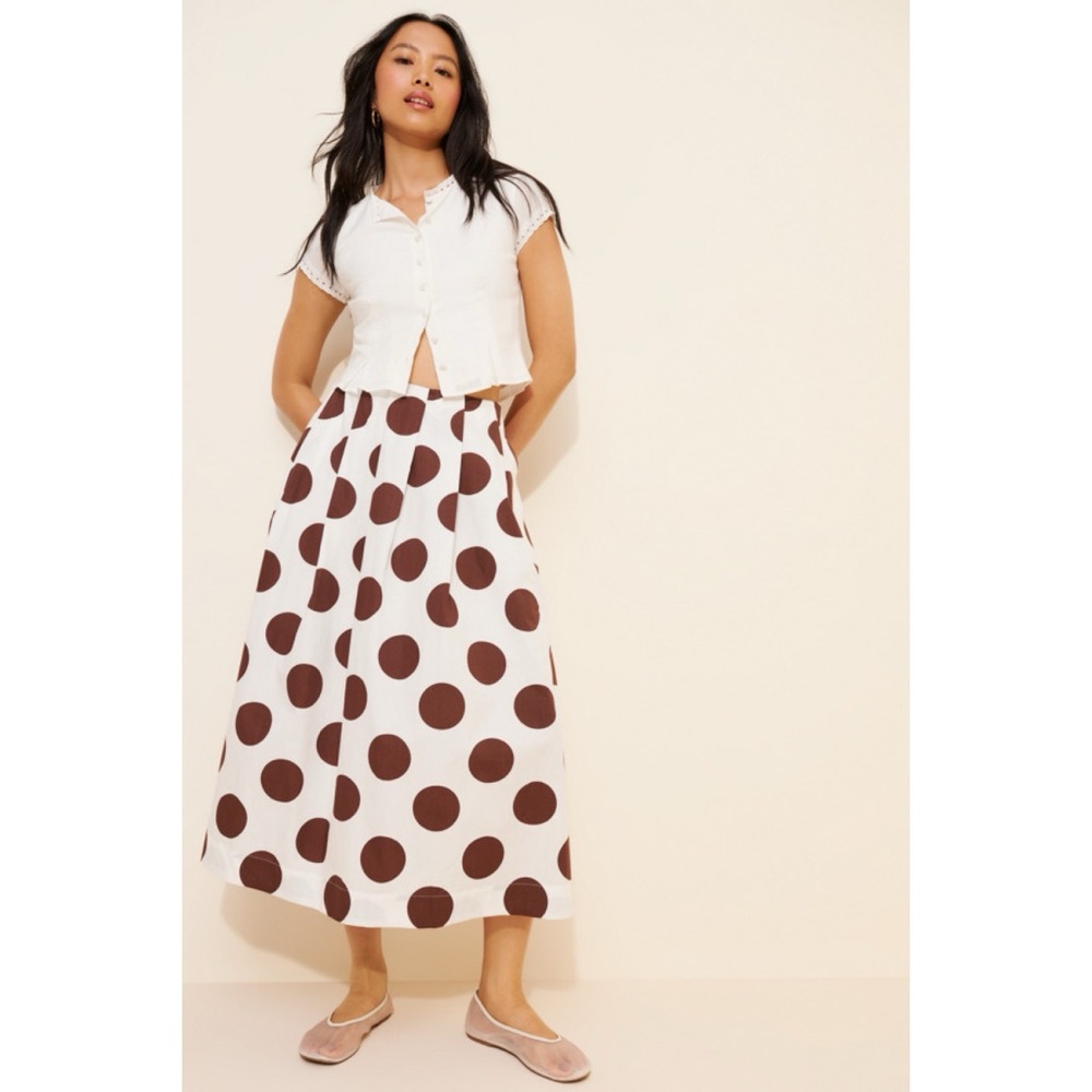 NWT Anthro Maeve Cotton Poplin Pleated Cream and Brown Polka Dot Midi Skirt XS - Picture 10 of 15